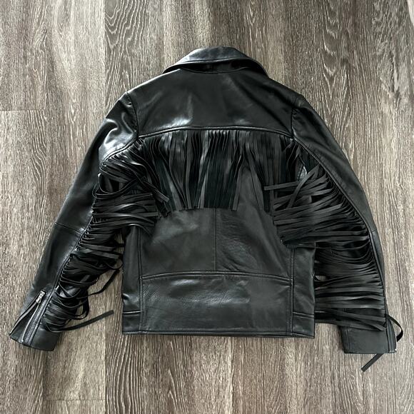 EUC ASOS 100% Real Leather Fringe Moto Jacket Sz Small Black Western Boho Biker - Picture 9 of 16